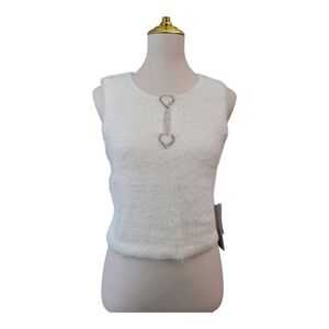Johnny Wujek JCPenney White Fuzzy Sleeveless Top‎ L Rhinestone Hearts Y2K NWT